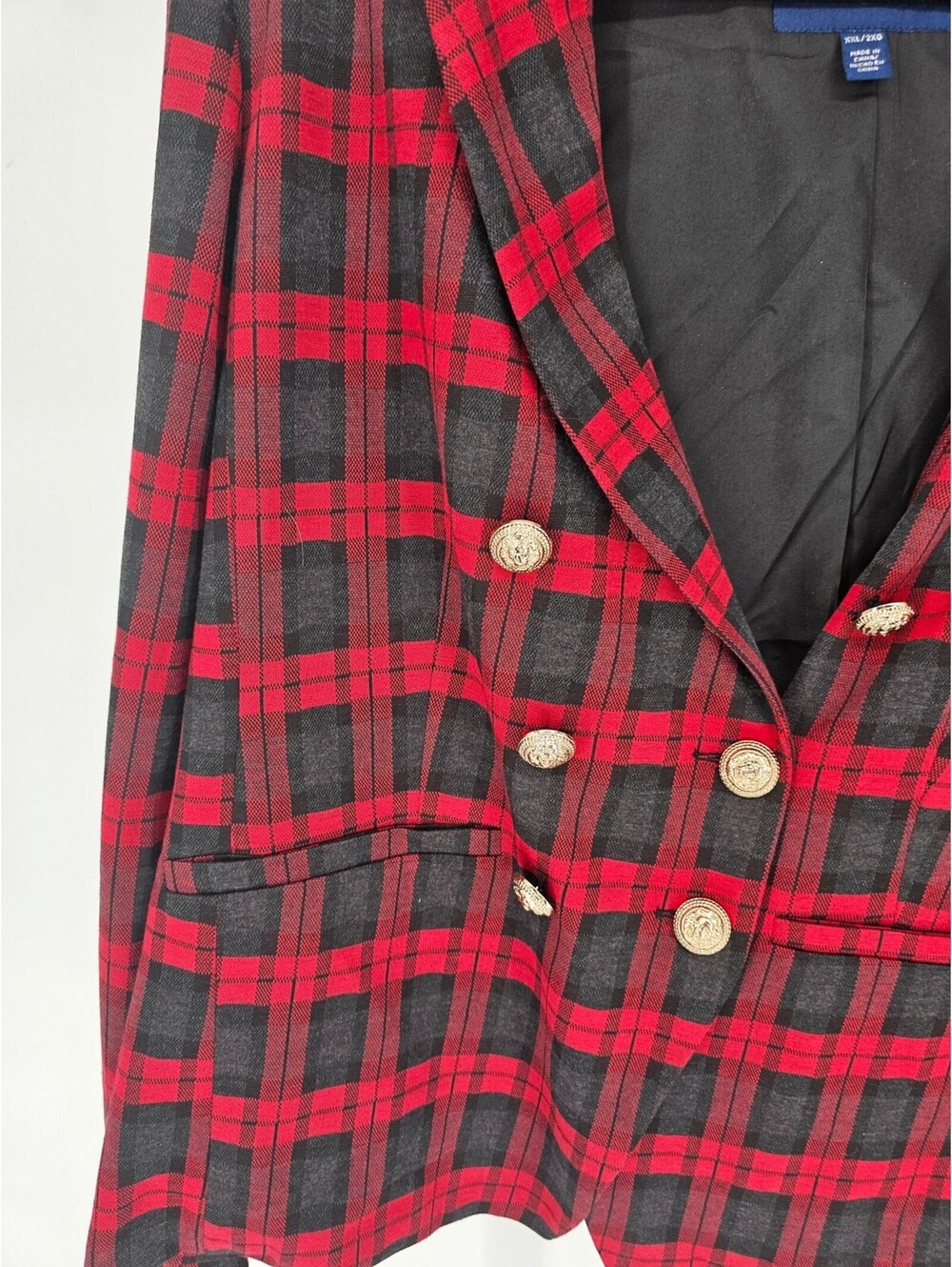 Scoop Womens Sz XXL Double Breasted Blazer Jacket Red Black Plaid Gold Buttons - Picture 2 of 4
